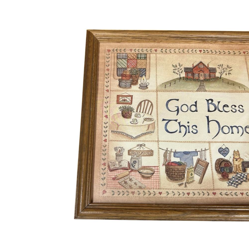 Vtg God Bless This Home Frame Wall Art Picture Anna Scott Folk Art Country 11x14 - Picture 3 of 7